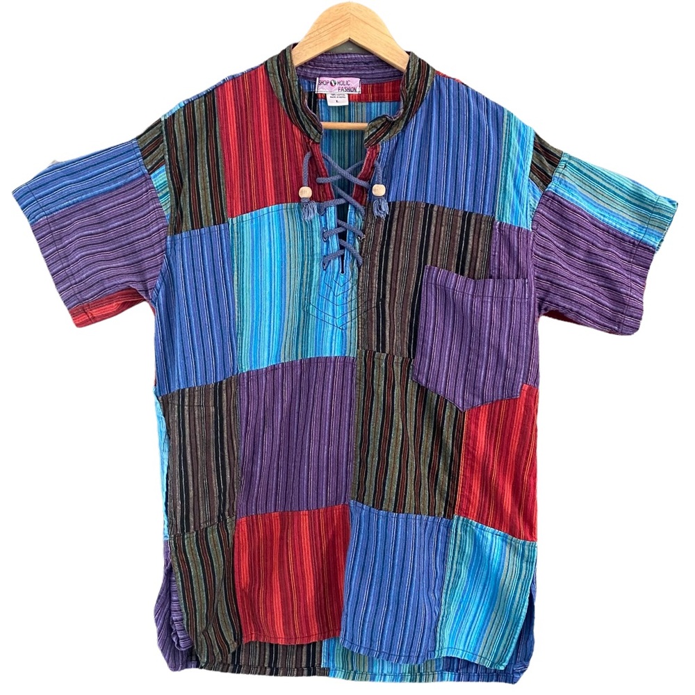 Hippie Patchwork Grandad Shirt, Men's Large